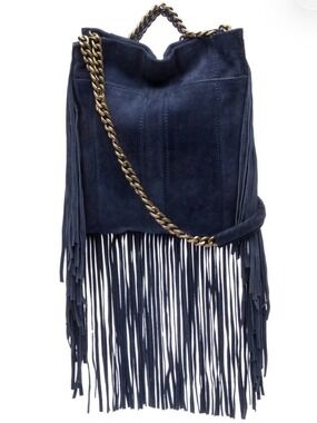 RAMY BROOK BLUE SUEDE FRINGE CROSSBODY BUCKET BAG